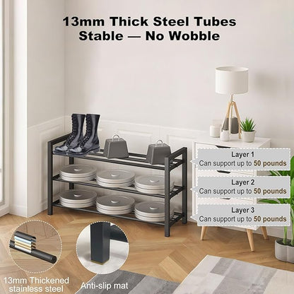 3-Tier Expandable Shoe Rack – Adjustable Heavy-Duty Metal Shoe Organizer Shelf for Closet, Entryway, Mudroom & Garage – Durable Freestanding Storage, Black