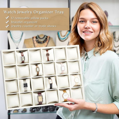 Henoyso 2 Pieces 24 Grid Velvet Watch Tray Jewelry Organizer Stackable Watch Bracelet Bangle Display Holder Adjustable Pillow(Beige)