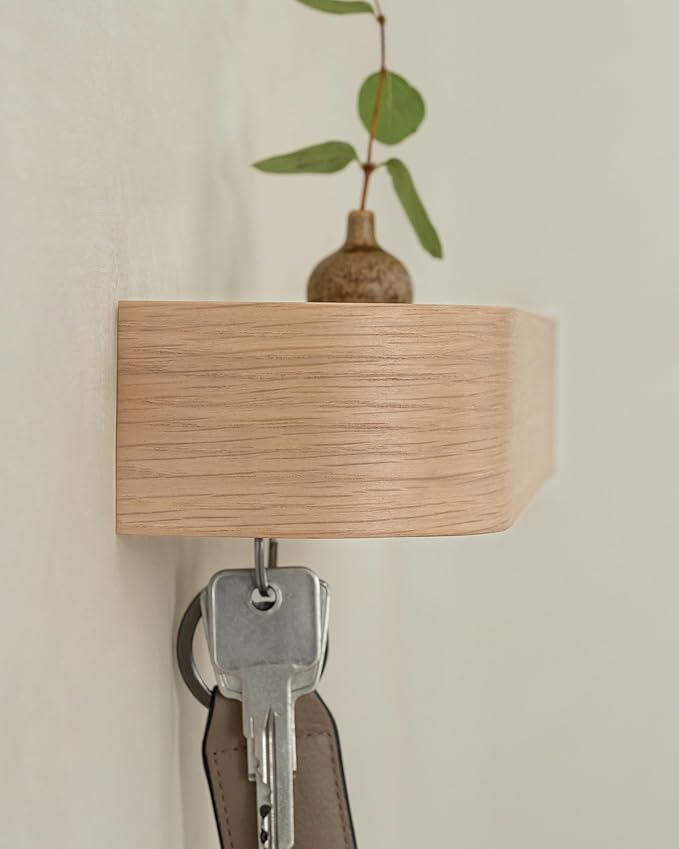 Kazai.® Key Holder 'Toke' | Minimalist Key Hook Design from Berlin | Modern Key Holder Wall Mount with Wooden Shelf | Key Rack for Wall as Entryway Organizer | Oak, White