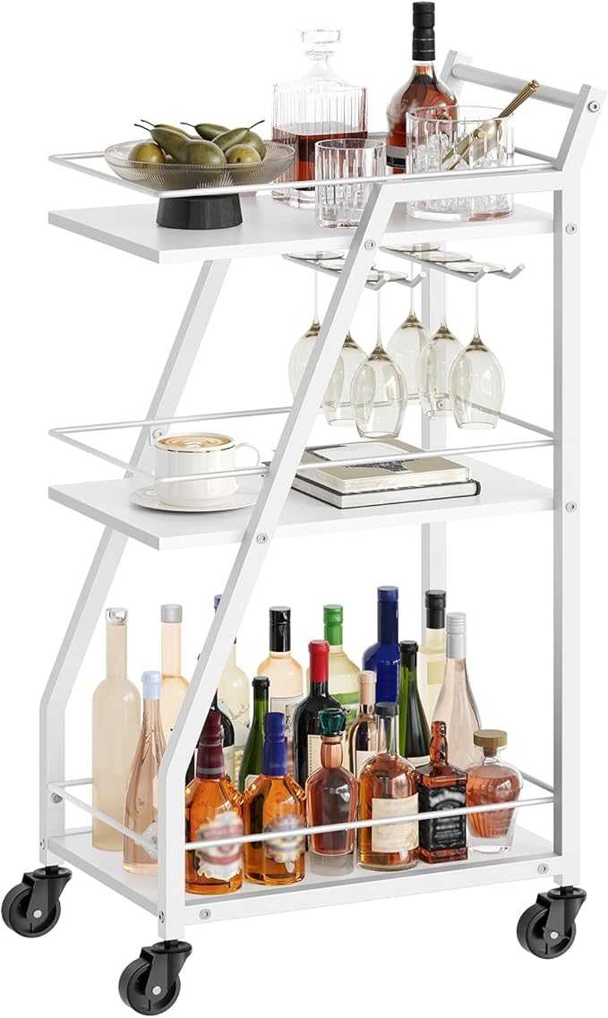 Bar Cart for The Home, Small Bar Cart on Wheels, Beverage Cart, Home Bar Serving Cart with Glass Holder, Drink Cart for Bar, Kitchen, White and White BC03WW