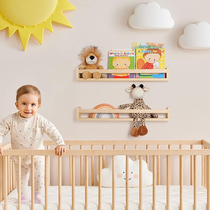 Fun Memories Nursery Book Shelves - Rustic Natural Solid Wood Floating Bookshelf for Kids - Wall Book Shelves for Kids Room (Natural, 32inch - 4P)