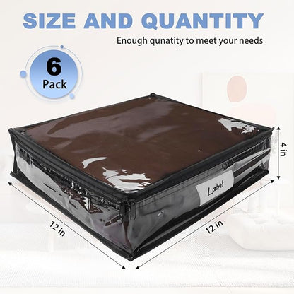 Heonay Clear Zippered Storage Bags Plastic Sweater Storage Bags with Zipper 6 Packs Clothing Organizer for Blankets Linen Sweater Bed Sheet Quilt Clothes Pillow (12 x 12 x 4 Inch, Black)