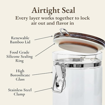 Airtight Coffee Canister with Scoop | Curated Glass Storage Set for Beans, Grounds & Sugar | 9-Piece Ritual Organizer with Bamboo Base, Versatile Artisan Spoon, Labels & Cleaning Brush