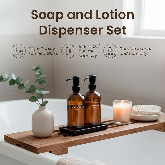 Maisonovo Kitchen Soap Dispenser Set | Hand and Dish Soap Dispenser Set with Handmade Ceramic Vanity Tray and 16 Waterproof Labels | Amber Glass Bottles & Black Pumps