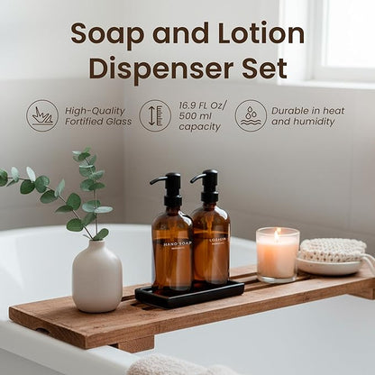 Maisonovo Kitchen Soap Dispenser Set | Hand and Dish Soap Dispenser Set with Handmade Ceramic Vanity Tray and 16 Waterproof Labels | Amber Glass Bottles & Black Pumps