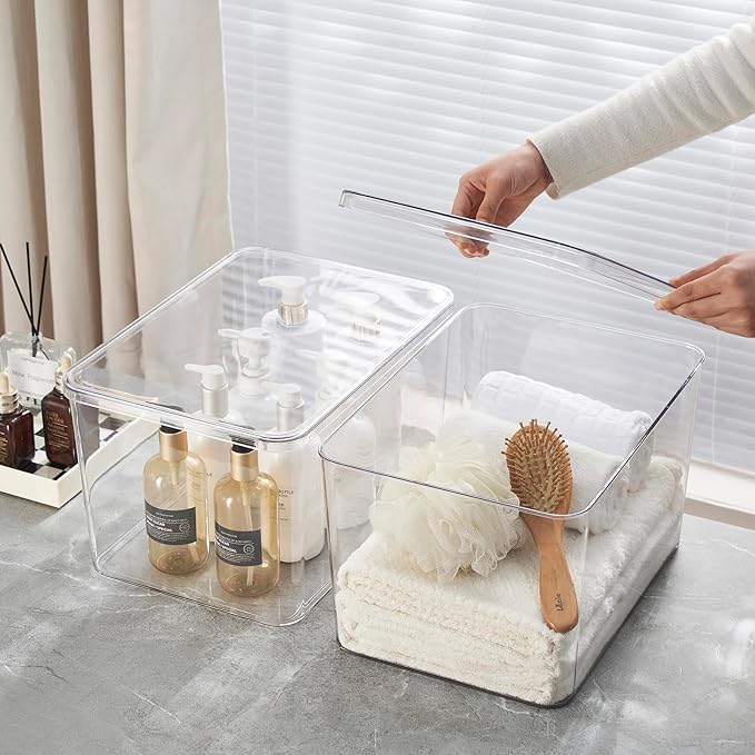 2Extra Large Lidded Plastic container , Clear Stackable Storage Boxes for Cabinets, Organization and Storage for Shelves Office Bathroom (2Extra Large)