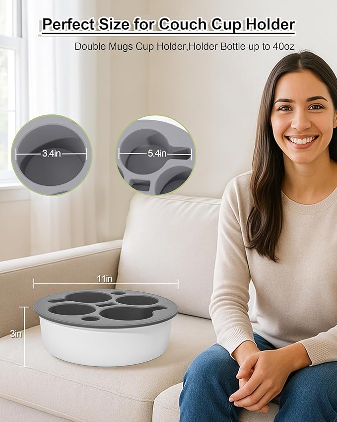 Couch Cup Holder Tray Round, Bonfixe 4-Cups Bedside Drink Holder for Elderly/Pregnancy, Stable Non-Spill Silicone Couch Caddy for Remote Control, Glasses‌, Snacks, Phones‌ (White-Black)