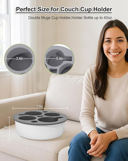 Couch Cup Holder Tray Round, Bonfixe 4-Cups Bedside Drink Holder for Elderly/Pregnancy, Stable Non-Spill Silicone Couch Caddy for Remote Control, Glasses‌, Snacks, Phones‌ (White-Black)