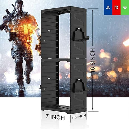 ASFSKY Video Game Storage Tower - 24 Games Video Game Organizer & Holder with 4 Controller Hooks, Universal Video Game Storage Compatible with PS5/PS4/Xbox/Switch - Gamer Gifts