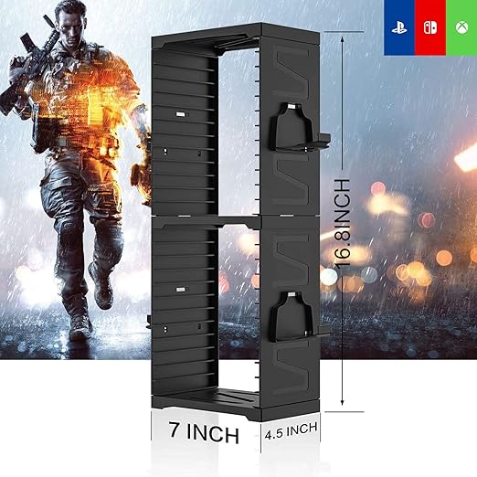 ASFSKY Video Game Storage Tower - 24 Games Video Game Organizer & Holder with 4 Controller Hooks, Universal Video Game Storage Compatible with PS5/PS4/Xbox/Switch - Gamer Gifts