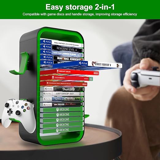 wigmoa Game Storage Tower【15.8INCH】 Compatible with PS5/ Xbox Series S & X/Switch, Universal Video Games Discs Organizers 18 PCS with 4 Controllers Holder, Game Disk Rack Shelf. OYO-1. (Black/Green)