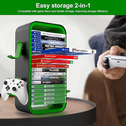 wigmoa Game Storage Tower【15.8INCH】 Compatible with PS5/ Xbox Series S & X/Switch, Universal Video Games Discs Organizers 18 PCS with 4 Controllers Holder, Game Disk Rack Shelf. OYO-1. (Black/Green)