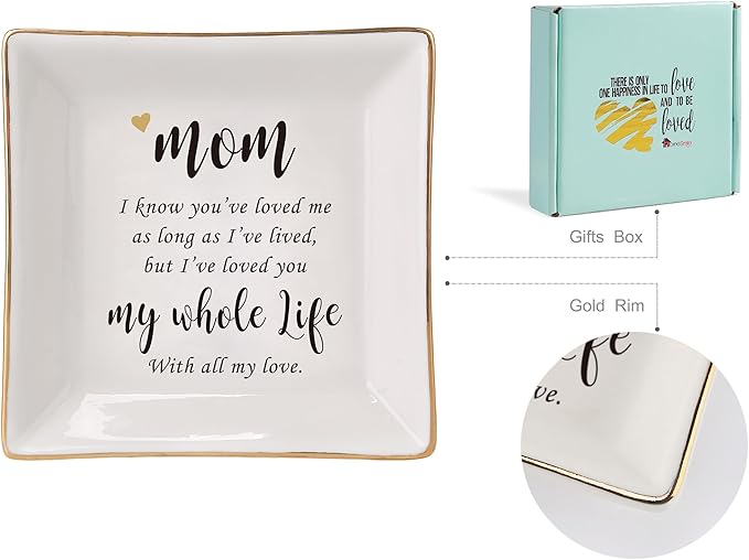 HOME SMILE Mother's Day Birthday Gifts for Mom,I Love You Mom Ring Dish Jewelry Tray-Best Gifts for Mom Who Have Eveything-Valentine Gifts for Mom Unique