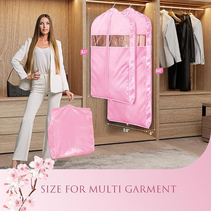 Univivi Super Soft Satin Garment Bags for Hanging Clothes, 60 Inch Zippered Dress Cover with Gussets, Breathable & Non-smell for Dresses, Coats, Jackets, Shirts, 2 Pack - Pink