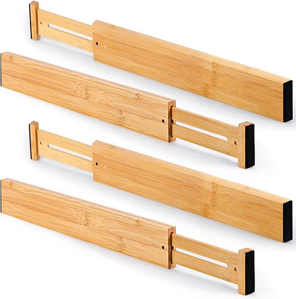Bamboo Drawer Dividers Organizers, Kitchen Drawer Dividers for Clothes, Adjustable Drawers Separators for Dresser, Bedroom, Bathroom, Office, 4 Pack, 13“-17”