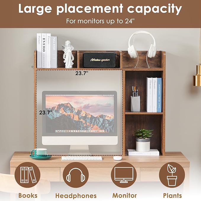 Desktop Bookshelf, Wooden Desk Storage Hutch with 5 Shelves, 3-Tier Desktop Display Organizer Rack for Office Home (Brown, 5 Shelves A)