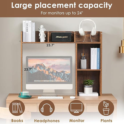 Desktop Bookshelf, Wooden Desk Storage Hutch with 5 Shelves, 3-Tier Desktop Display Organizer Rack for Office Home (Brown, 5 Shelves A)