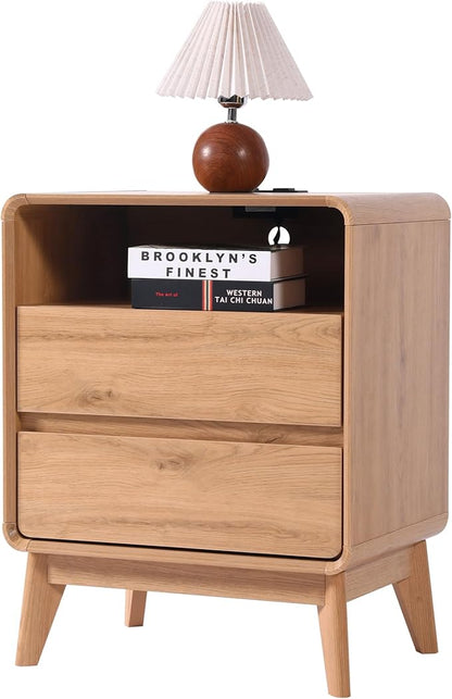 GlowVitaHome Nightstands Set of 2, Wood Bedside Tables with 2 Drawers and Open Storage, Accent End Tables with Solid Wood Legs for Bedroom,Nature