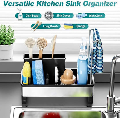 Sink Caddy Organizer with High Brush Holder Kitchen Sponge Holder for Sink with Quick Drain Tray & Detachable Towel Rack, Rustproof Kitchen Countertop Organizer for Sponge Soap Dispenser (Black)