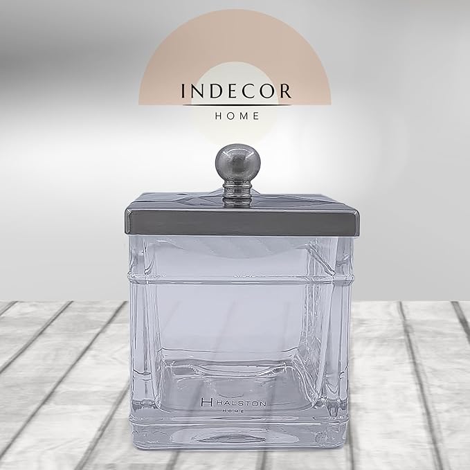 Indecor Home Apothecary Glass Cotton Jar Holder Brushed Nickel Stainless Steel Lid, Elegant Bathroom Storage Canister for Qtips, Cotton Balls, Floss, Makeup Organizer, Vanity Bathroom Organization