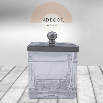 Indecor Home Apothecary Glass Cotton Jar Holder Brushed Nickel Stainless Steel Lid, Elegant Bathroom Storage Canister for Qtips, Cotton Balls, Floss, Makeup Organizer, Vanity Bathroom Organization