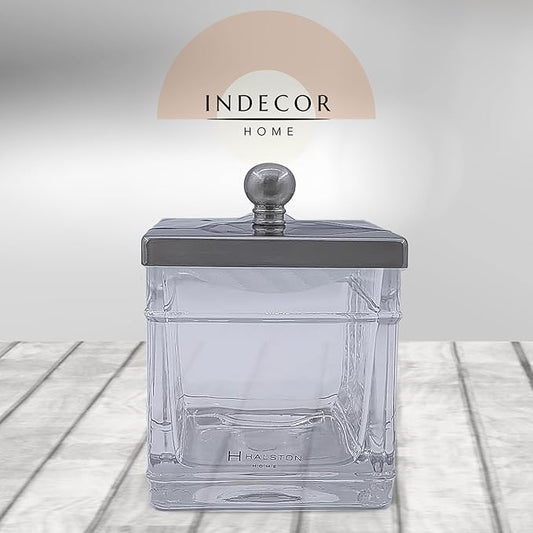 Indecor Home Apothecary Glass Cotton Jar Holder Brushed Nickel Stainless Steel Lid, Elegant Bathroom Storage Canister for Qtips, Cotton Balls, Floss, Makeup Organizer, Vanity Bathroom Organization