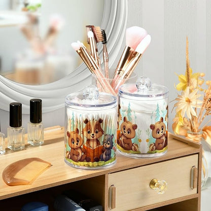 MNSRUU 4 Pack Qtip Holder Organizer Dispenser Animal Bears Pink Bathroom Storage Canister Cotton Ball Holder Bathroom Containers for Cotton Swabs/Pads/Floss