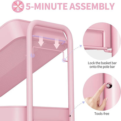 TOOLF 4-Tier Metal Rolling Cart with Wheels, Storage Utility Organizer Cart for Kitchen, Bathroom, Office, Baby Essentials & Makeup - Lockable Casters, Easy Assembly, Large Capacity, Pink