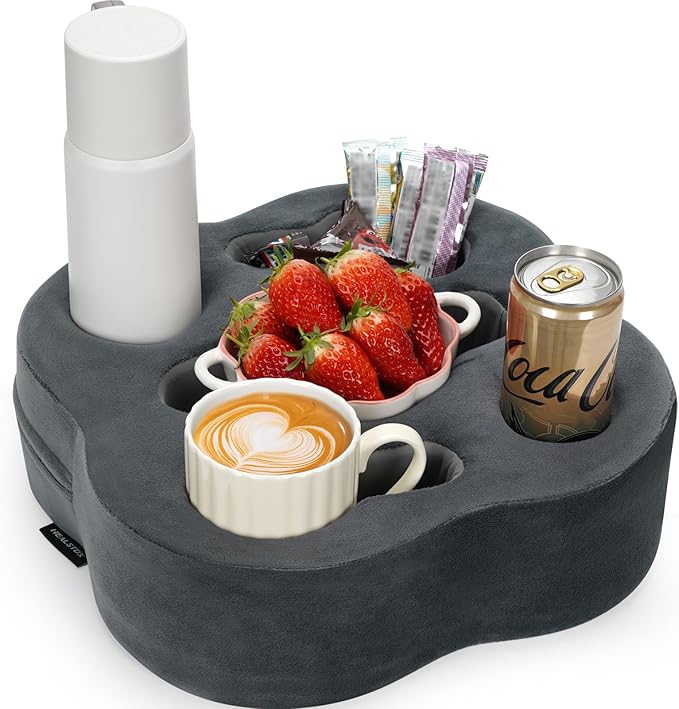Couch Cup Holder | Sofa Cup Holder Pillow Drink Tray Organizer for Drinks, Remotes, Phones, Snacks (Grey, 12 * 12 * 3.7 Inch)