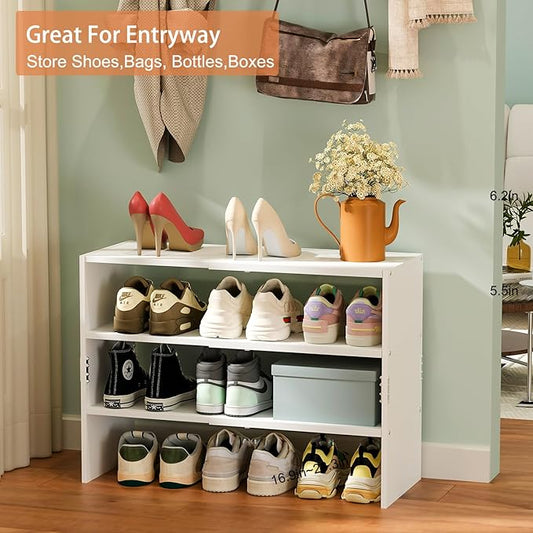 White Shoe Rack Organizer for Closet, 3-Tier Expandable Shoe Shelf, Stackable Iron Wood Combination Shoe Racks Shelves for Closets, Entryway,Small Space,Hallway,Garage,Holds 8-16 Pairs of Shoes
