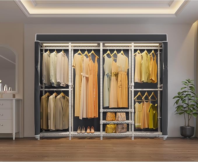 VIPEK V40LC Covered Clothes Rack with Dimmable LED Lights, Heavy Duty Garment Rack with Cover Portable Closet Wardrobe Clothing Racks for Hanging Clothes, White Closet Racks with Black Oxford Cover