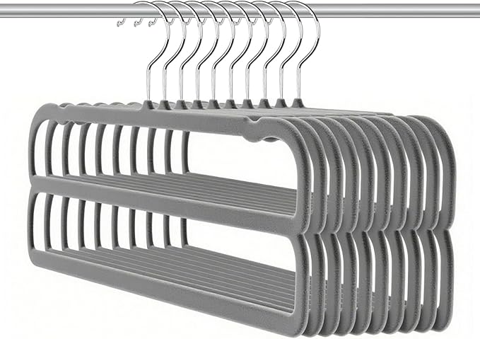 Velvet Pants Hangers 10 Pack,2 Tier Jeans Hanger,Premium Non Slip,Thin Space Saving Slim Trousers Hanger,13.77inch