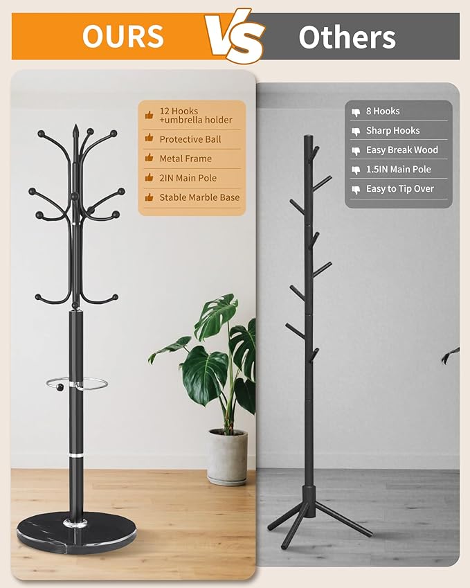 Modern Coat Rack Stand, Metal Freestanding Coat Rack with Natural Marble Base, Heavy-Duty Coat Racks with Umbrella Holder,Black Coat Hanger Stand with 12 Hooks for Office, Entryway, Hallway