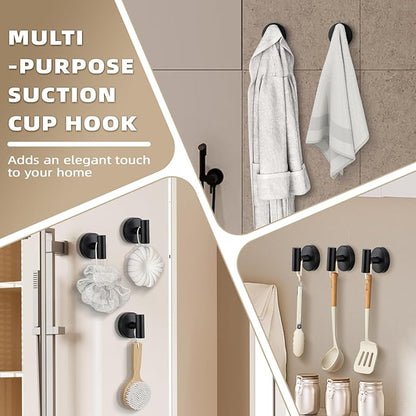Fenas Suction Cup Hooks for Shower - Bathroom Reusable Hooks for Towels, Robes & Loofah - No-Drill Mounting on Kitchen,Walls,Metal,Glass,Mirrors,Tile & Smooth Non-Porous Surfaces (2, Matte Black)