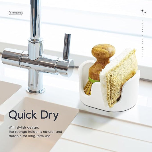 Slow Slog Double Sponge Holder, 2 Slot Diatomite Stone Sponge Holder, Absorbent Sponge Stand for Kitchen Sink, Quick Dry Sponge Caddy Kitchen Sink Organizer, White