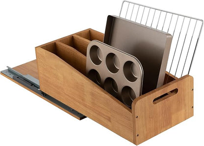 DINDON Pull Out Cabinet Organizer for Pans, Cookie Sheet, Bakeware, Cutting Board, Slide Out Kitchen Cabinet Storage Organizer Rack, 10.5''W X 21"D X 7.5"H, Wood