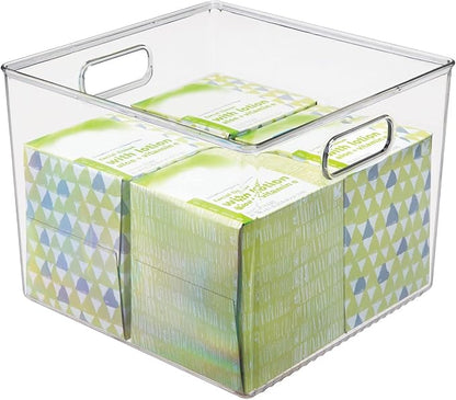 mDesign Plastic Modern Storage Organizer Bin Basket with Handles for Bathroom Organization - Shelf, Cubby, Cabinet, Vanity, and Closet Organizing Decor - Ligne Collection - Clear