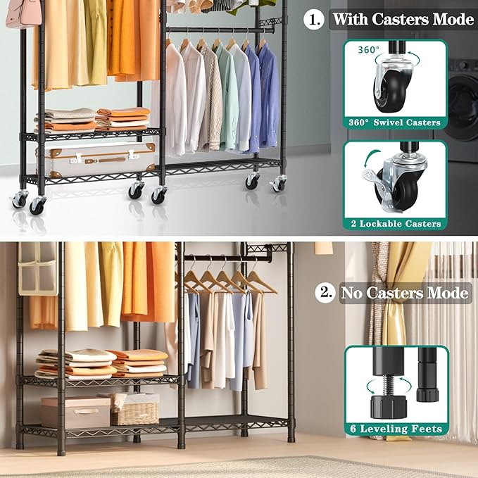 Heavy Duty Garment Rack, 3 Tiers Metal Adjustable Wire Shelves Closet Organizer and Storage Wardrobe Clothing Rack for Hanging Clothes with 2 Hanger Rods, Max Load 800LBS, Black