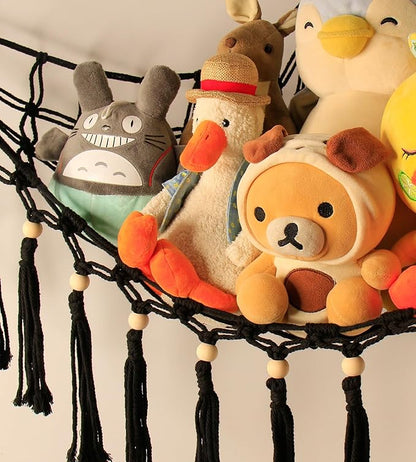 Stuffed Animal Toy Storage Hammock with LED Light - Macrame Jumbo Doll Corner Stuff Animals Organizer Decorations - Cute Hanging Plushie Net Kids Baby Nursery Bedroom Room Decor