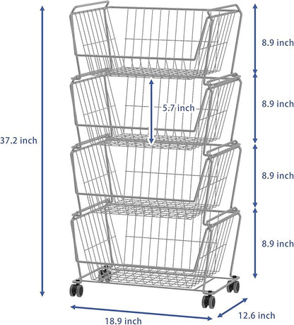 PUSDON 4-Tier Stackable Metal Storage Baskets, Anti-Rust Fruit Vegetable Rack, Dual Use Shelf for Kitchen, Home & Office, Silver Grey