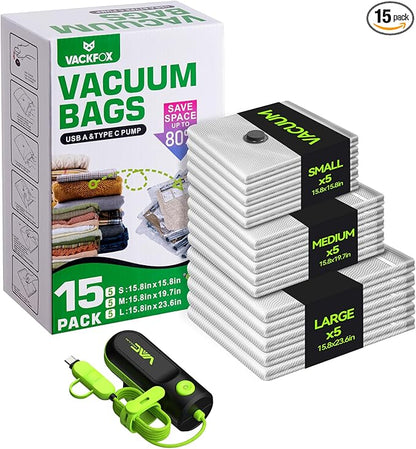 VACKFOX Vacuum Bags for Travel with USB and TYPE C Pump, 15 Pack Carry-on Size Compression Packing Bags for Luggage and Suitcase, Space Saver for Clothes and Clothing Travel（Green）