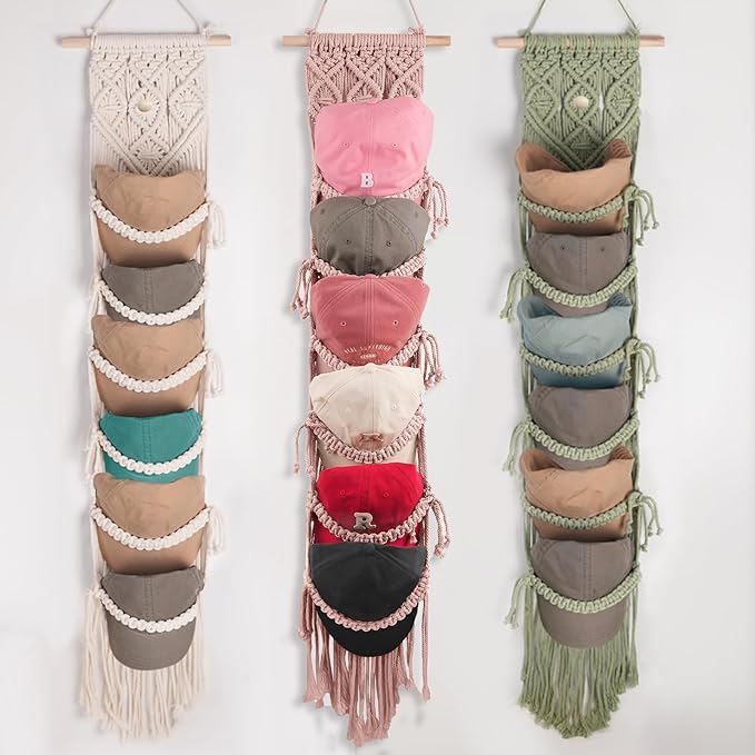 KaloKalo Macrame Cap Holder Boho Hat Hangers Over Door Decorative Bohemian Handmade Ball Cap Rack Organizer Woven Wall Hanging for Baseball Cap Display Decorations (Rose Pink, Up to 12 Caps)