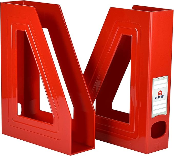 Acrimet Magazine File Holder – Vertical Rack for Documents, Folders and Mail, Durable Plastic Desk Organizer for Office & Home, Solid Red (2 Pack)
