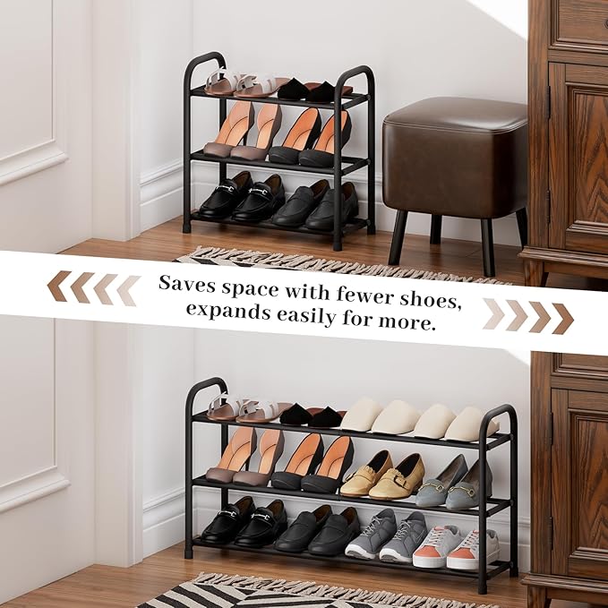Expandable Shoe Rack, 3-Tier Metal Small Shoe Rack, Adjustable Shoes Organizer, Storage Shelf for Closet, Entryway, Black