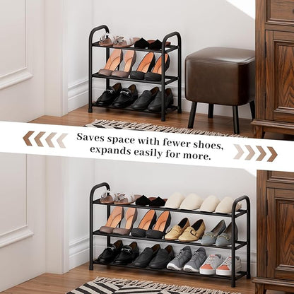 Expandable Shoe Rack, 3-Tier Metal Small Shoe Rack, Adjustable Shoes Organizer, Storage Shelf for Closet, Entryway, Black