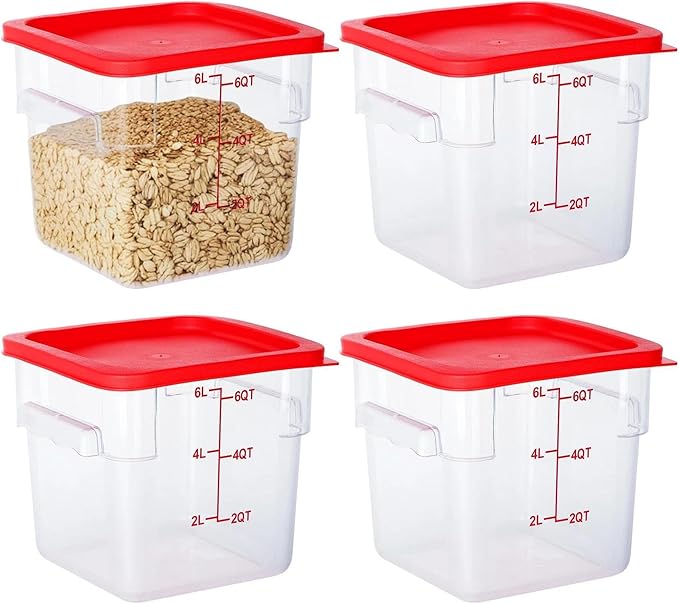 BIEAMA 4 Pack Food Storage Containers, 6 Quart with Lids, Square Commercial Containers with Scale, NSF, Polycarbonate, Clear