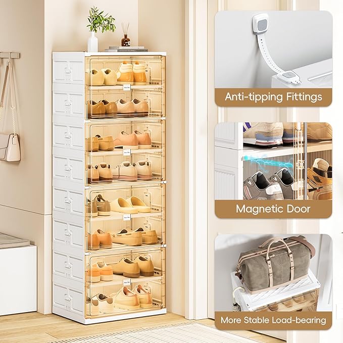 JEKO&JEKO 8-Tier Foldable Shoe Storage Box with Magnetic Doors, Large Stackable Shoe Organizer Cabinet for Entryway (White)