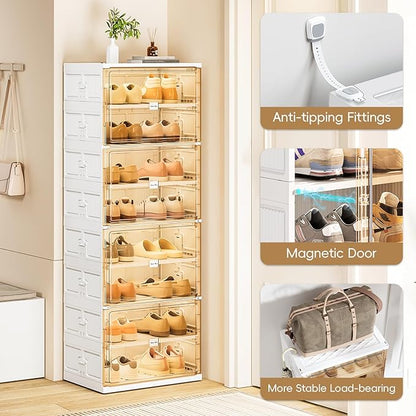 JEKO&JEKO 8-Tier Foldable Shoe Storage Box with Magnetic Doors, Large Stackable Shoe Organizer Cabinet for Entryway (White)
