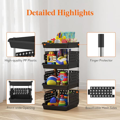 Lifewit Plastic Stackable Storage Baskets, 4 Tier Stacking Bins for Food and Clothes, Multifunctional Organizer for RV, Kitchen, Playroom, Pantry, Black, 35 x 30 x 72 cm/14 x 12 x 28 inch, 2 Pack