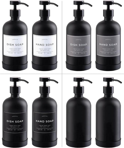Hand and Dish Soap Dispenser for Kitchen and Bathroom, Set of 2 16 Oz Glass Bottles, Stainless Steel Pumps, Non-Slip Silicone Base, 27 Waterproof Labels (Matte Black Bottle/Black Pump)